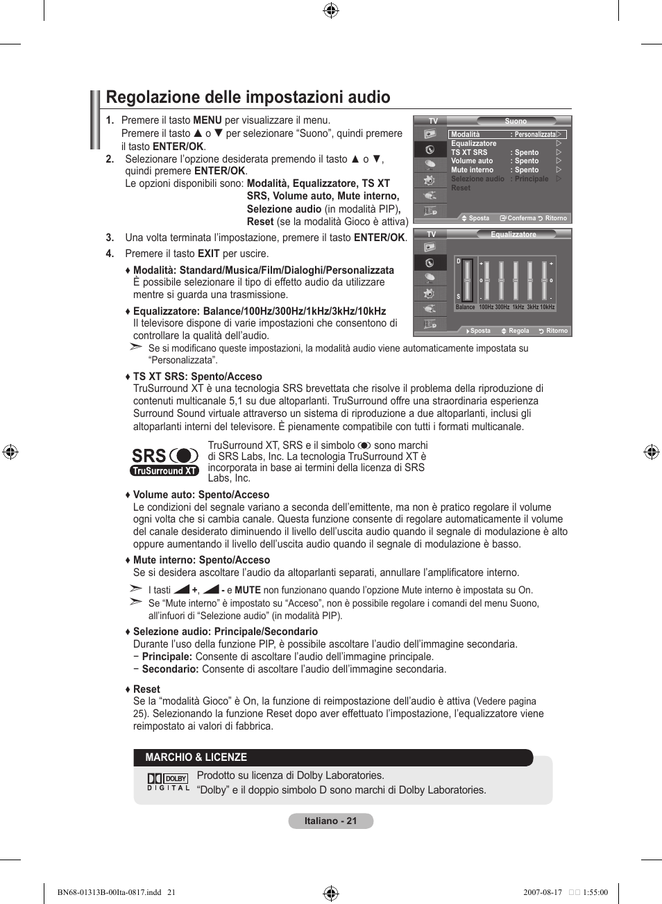 Regolazione delle impostazioni audio | Samsung LE52F96BD User Manual | Page 279 / 516