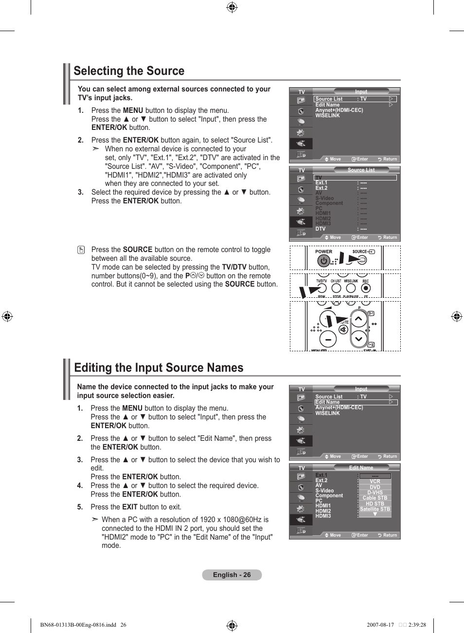 Selecting the source, Editing the input source names | Samsung LE52F96BD User Manual | Page 28 / 516