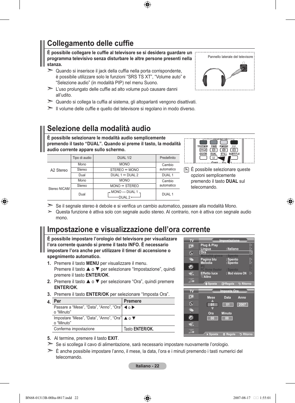 Collegamento delle cuffie, Selezione della modalità audio, Impostazione e visualizzazione dell’ora corrente | Samsung LE52F96BD User Manual | Page 280 / 516