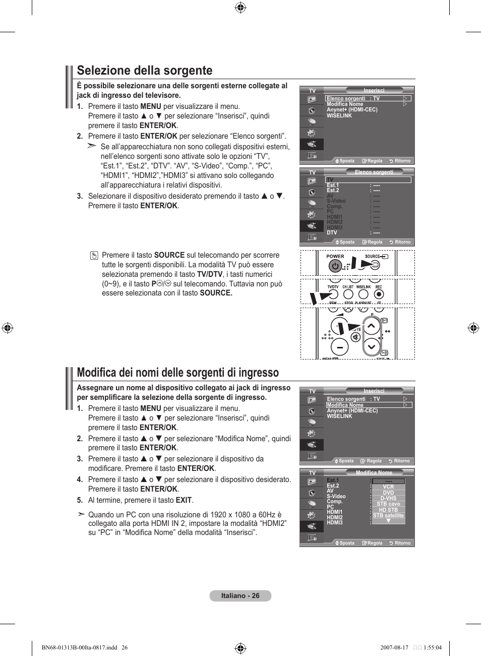 Selezione della sorgente, Modifica dei nomi delle sorgenti di ingresso | Samsung LE52F96BD User Manual | Page 284 / 516