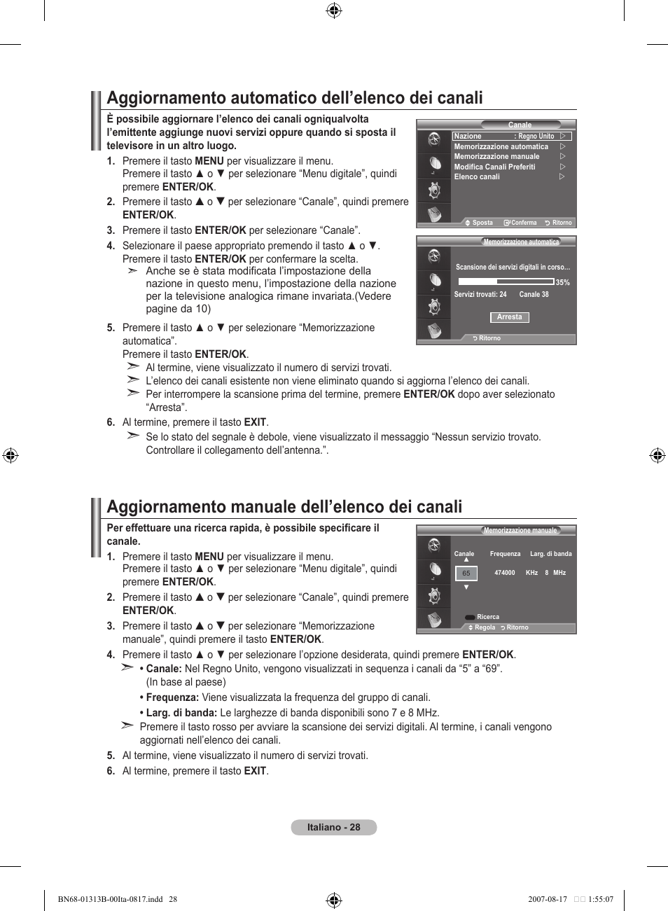 Aggiornamento automatico dell’elenco dei canali, Aggiornamento manuale dell’elenco dei canali | Samsung LE52F96BD User Manual | Page 286 / 516