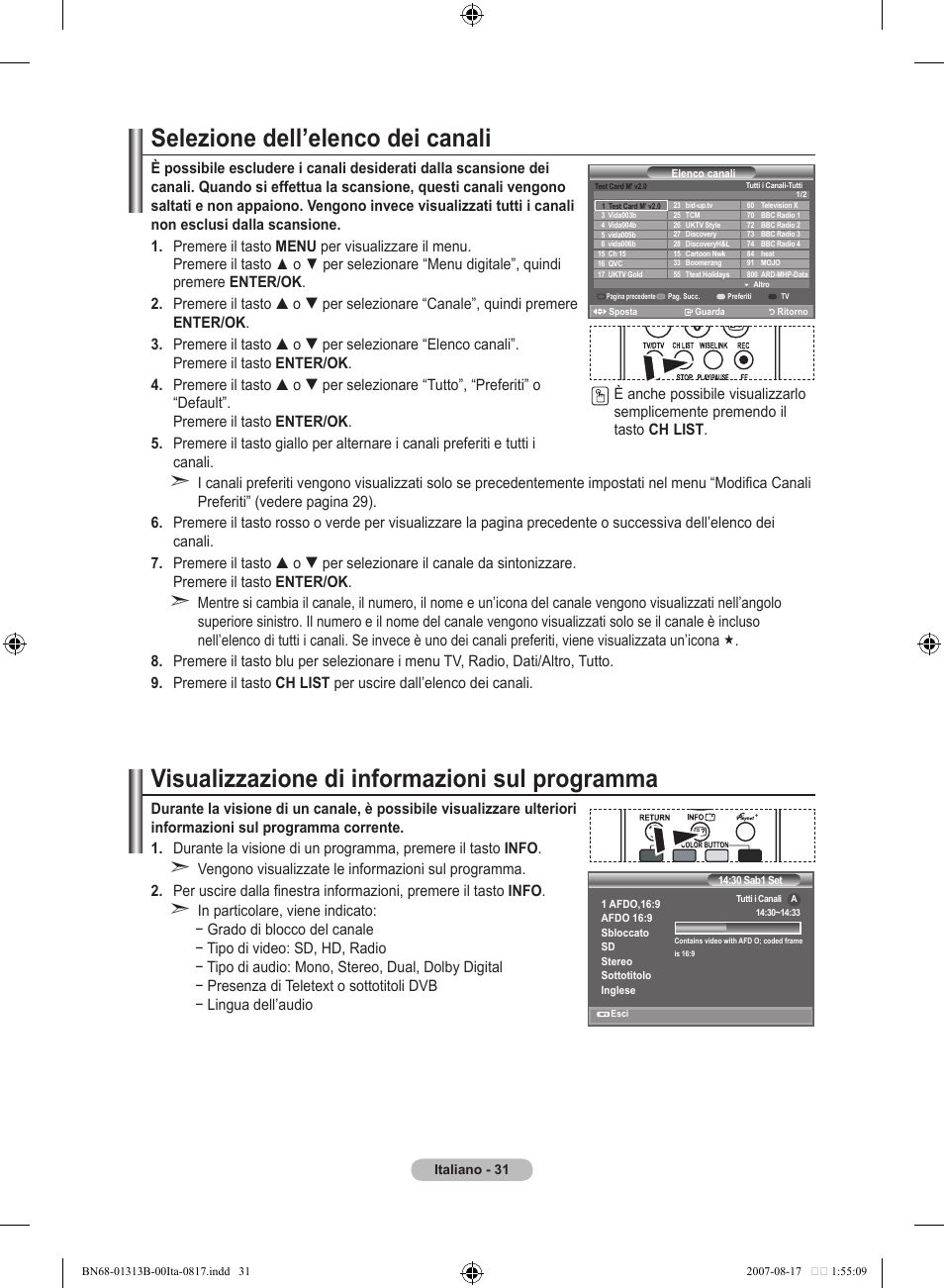 Selezione dell’elenco dei canali, Visualizzazione di informazioni sul programma | Samsung LE52F96BD User Manual | Page 289 / 516