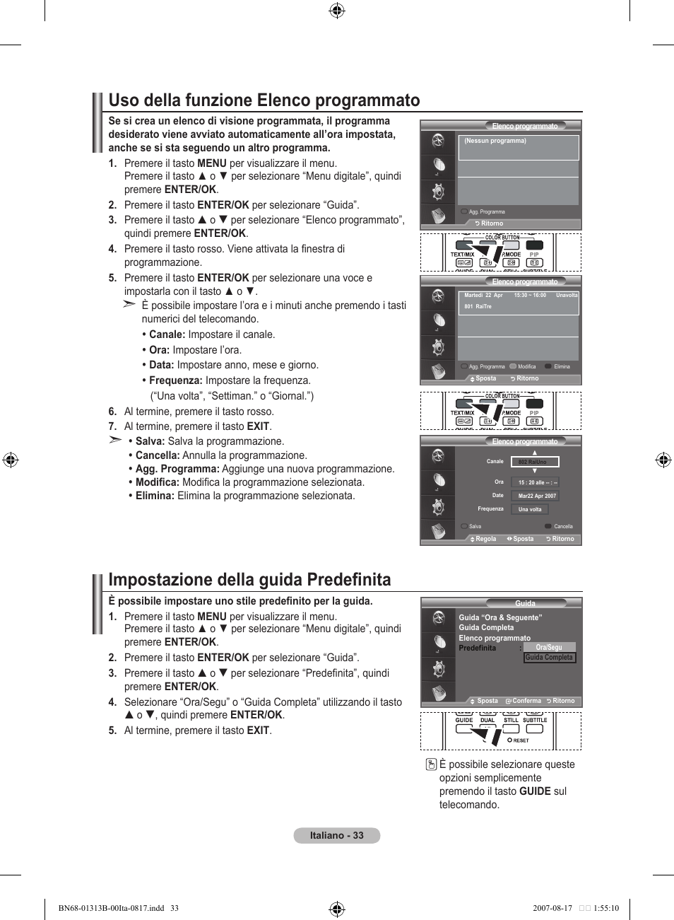 Uso della funzione elenco programmato, Impostazione della guida predefinita | Samsung LE52F96BD User Manual | Page 291 / 516