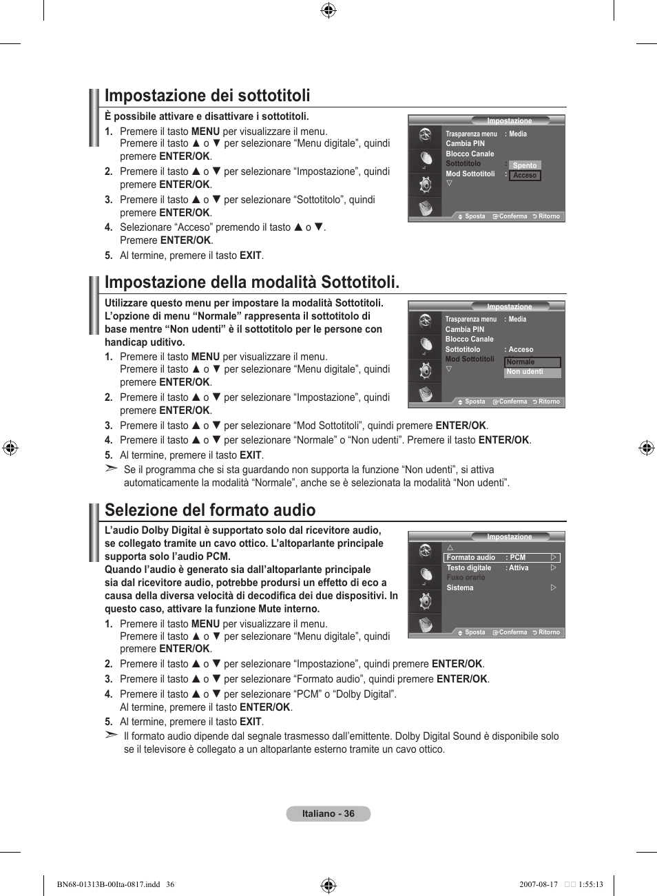 Impostazione dei sottotitoli, Impostazione della modalità sottotitoli, Selezione del formato audio | Samsung LE52F96BD User Manual | Page 294 / 516