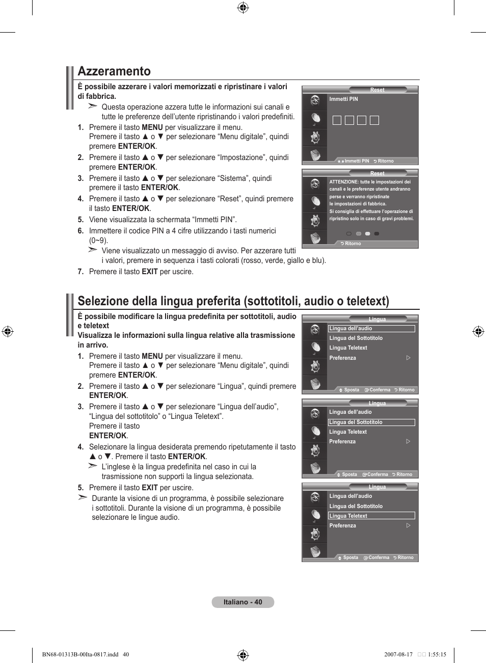 Azzeramento | Samsung LE52F96BD User Manual | Page 298 / 516