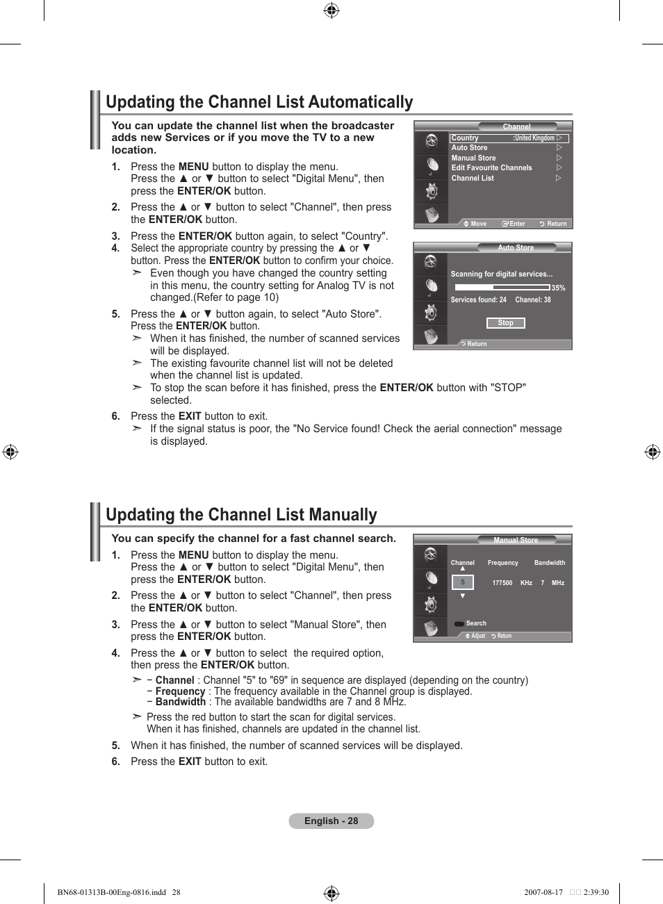 Updating the channel list automatically, Updating the channel list manually | Samsung LE52F96BD User Manual | Page 30 / 516