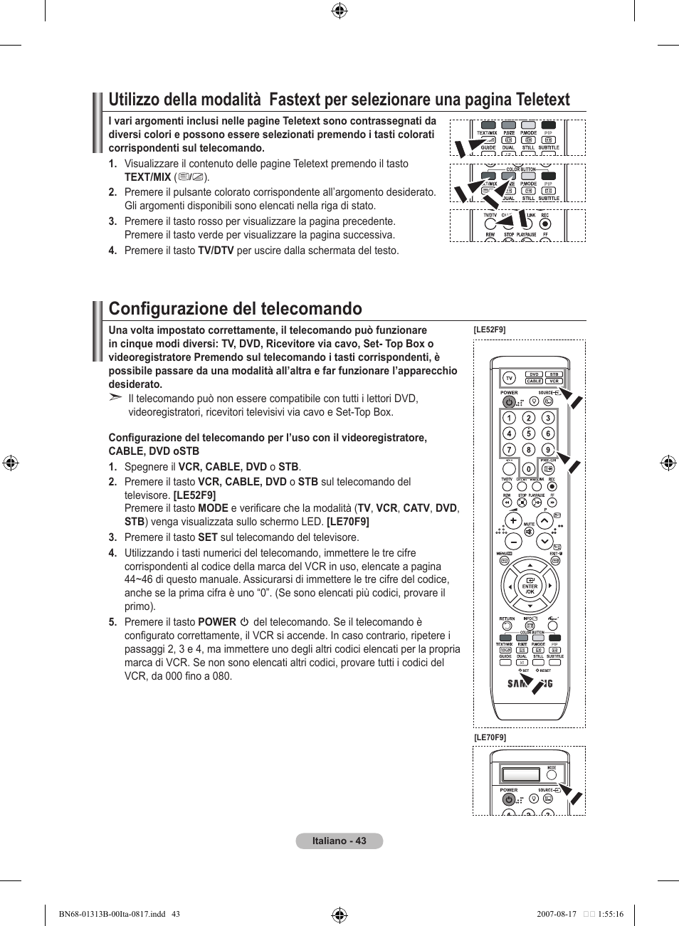 Configurazione del telecomando | Samsung LE52F96BD User Manual | Page 301 / 516