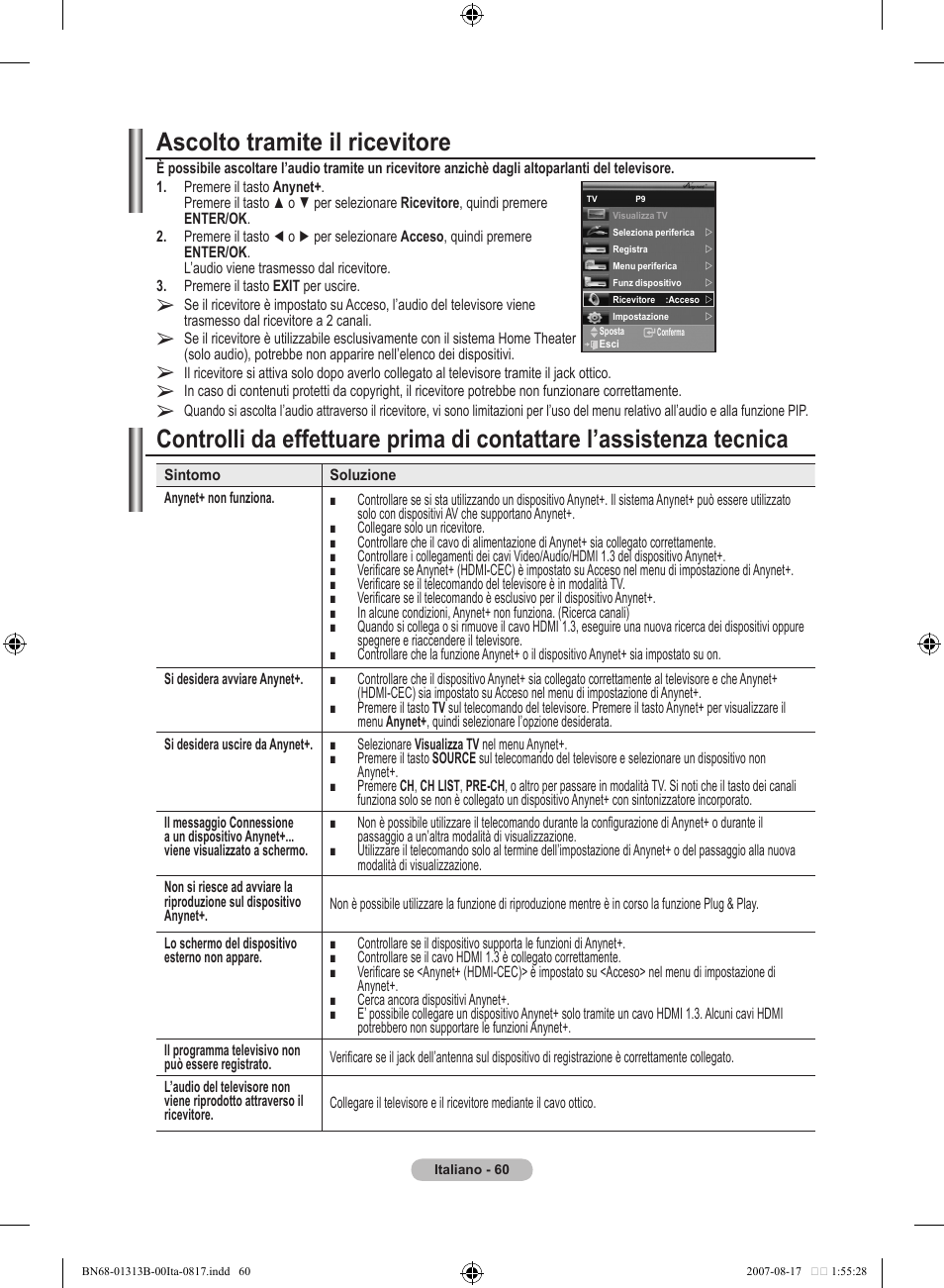 Ascolto tramite il ricevitore | Samsung LE52F96BD User Manual | Page 318 / 516