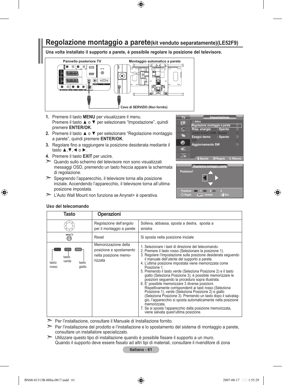 Regolazione montaggio a parete, Kit venduto separatamente)(le5f9), Tasto operazioni | Samsung LE52F96BD User Manual | Page 319 / 516