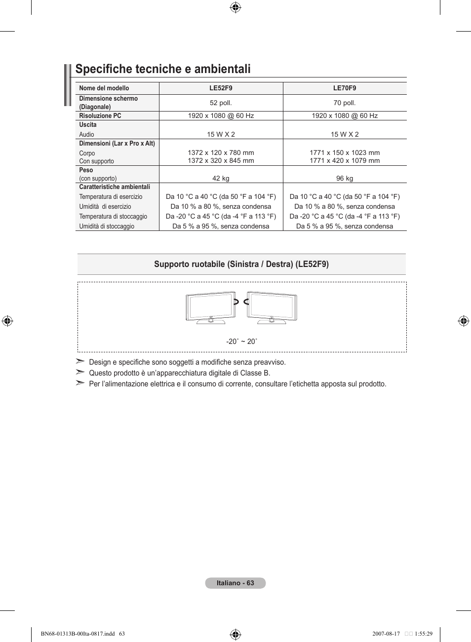 Specifiche tecniche e ambientali | Samsung LE52F96BD User Manual | Page 321 / 516