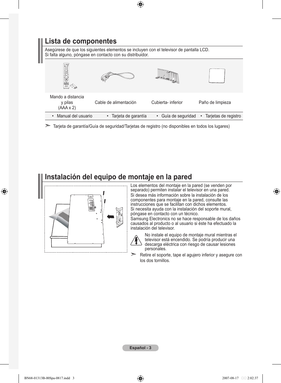 Lista de componentes, Instalación del equipo de montaje en la pared | Samsung LE52F96BD User Manual | Page 327 / 516