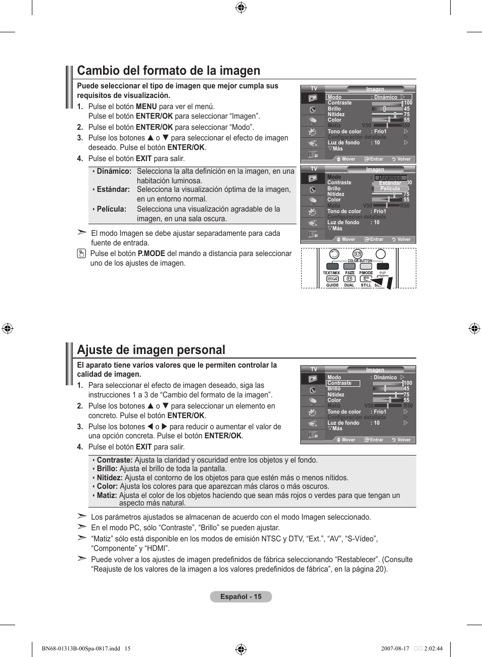 Cambio del formato de la imagen, Ajuste de imagen personal | Samsung LE52F96BD User Manual | Page 339 / 516