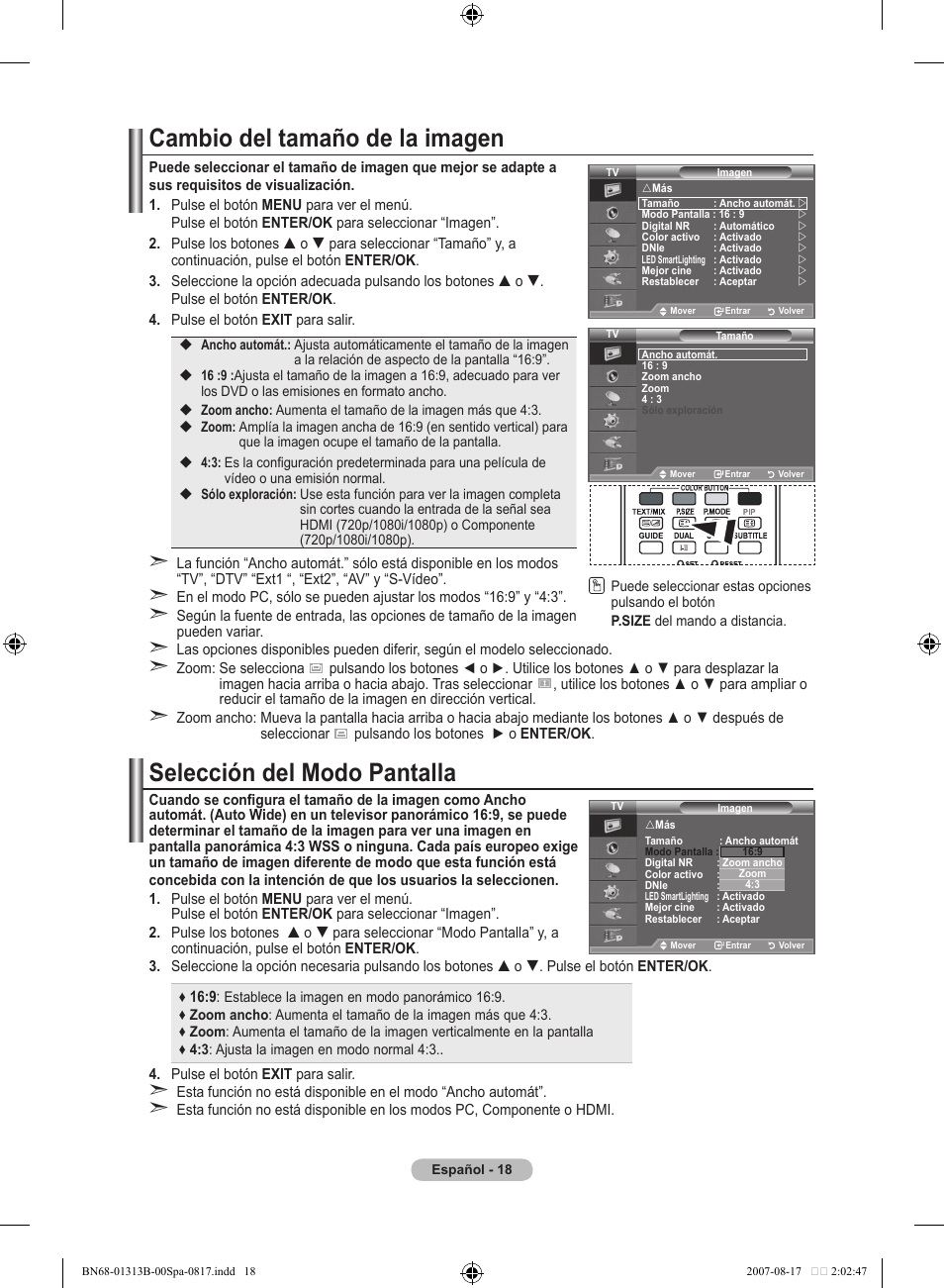 Cambio del tamaño de la imagen, Selección del modo pantalla | Samsung LE52F96BD User Manual | Page 342 / 516
