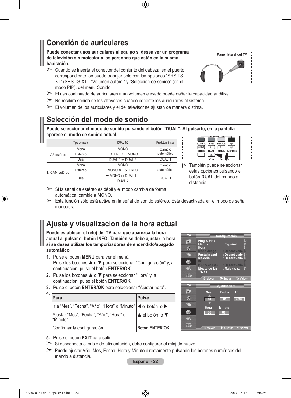 Conexión de auriculares, Selección del modo de sonido, Ajuste y visualización de la hora actual | Samsung LE52F96BD User Manual | Page 346 / 516