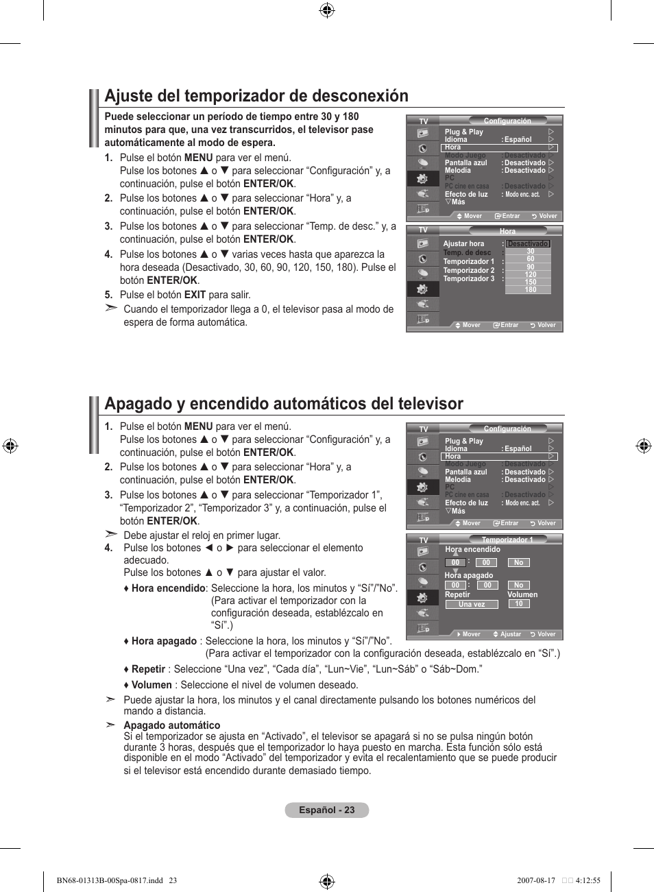 Ajuste del temporizador de desconexión, Apagado y encendido automáticos del televisor | Samsung LE52F96BD User Manual | Page 347 / 516