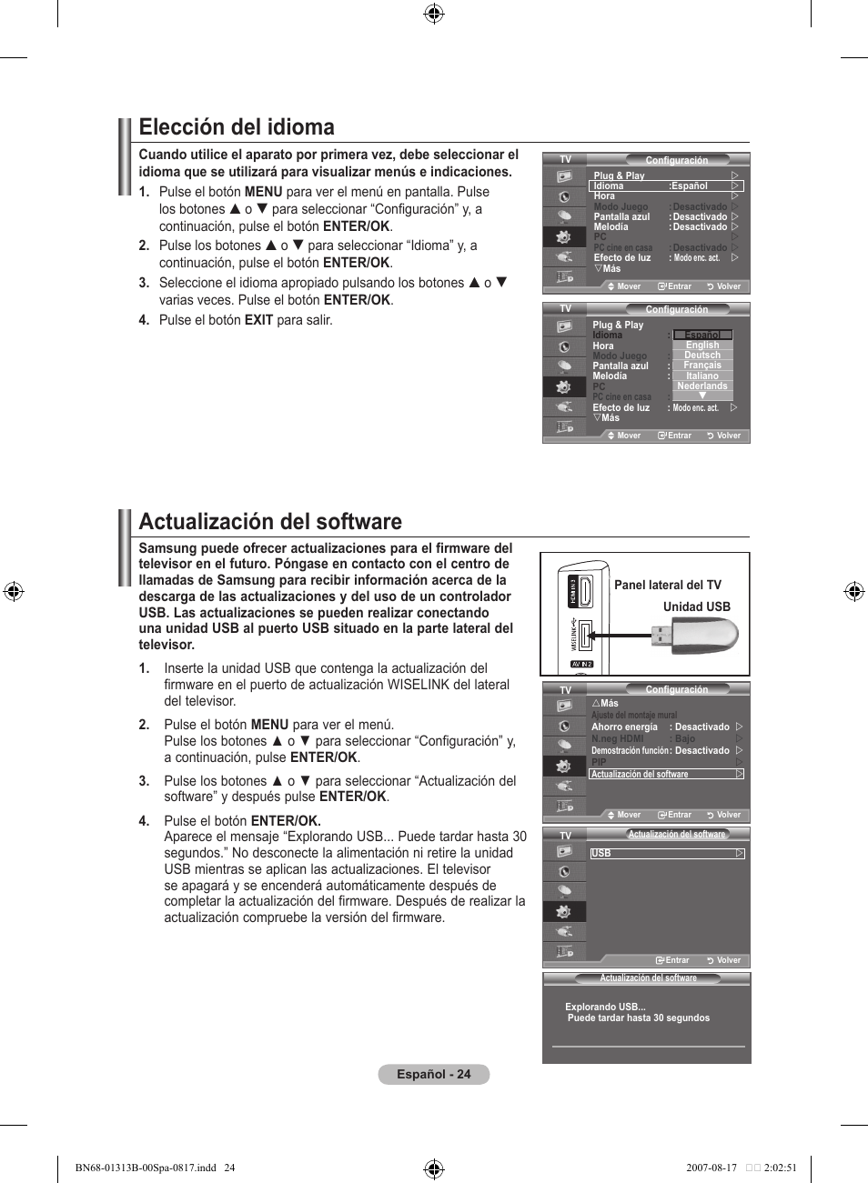 Elección del idioma, Actualización del software | Samsung LE52F96BD User Manual | Page 348 / 516