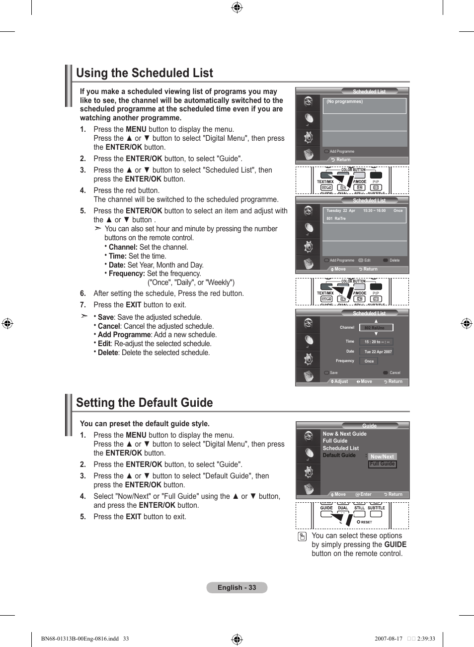 Using the scheduled list, Setting the default guide | Samsung LE52F96BD User Manual | Page 35 / 516