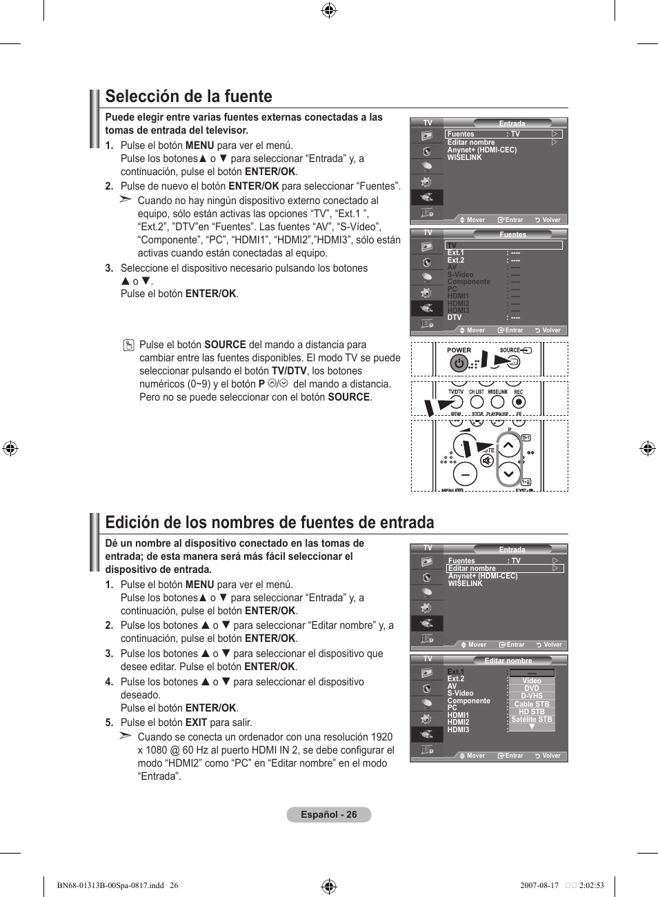 Selección de la fuente, Edición de los nombres de fuentes de entrada | Samsung LE52F96BD User Manual | Page 350 / 516