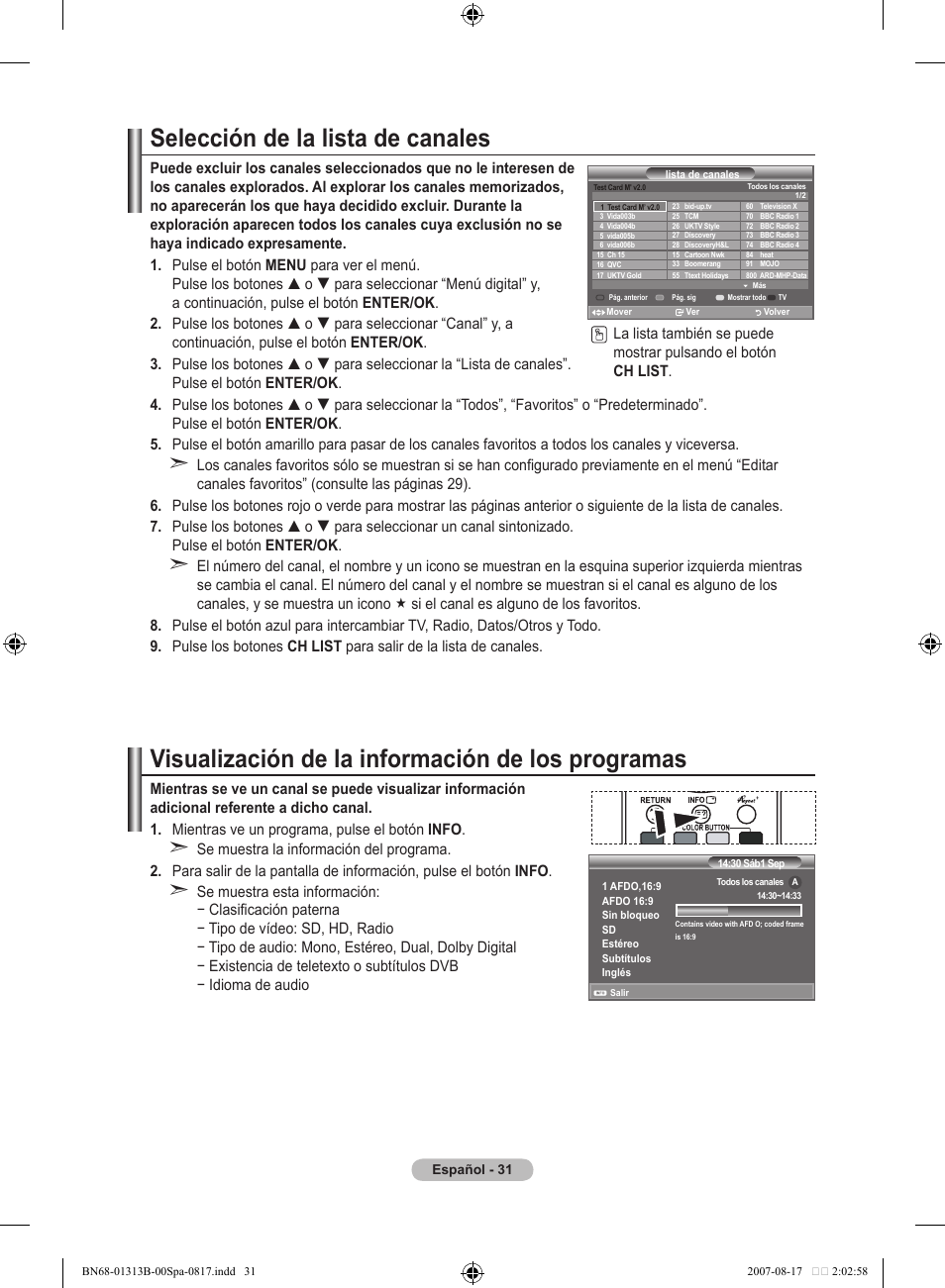 Selección de la lista de canales, Visualización de la información de los programas | Samsung LE52F96BD User Manual | Page 355 / 516