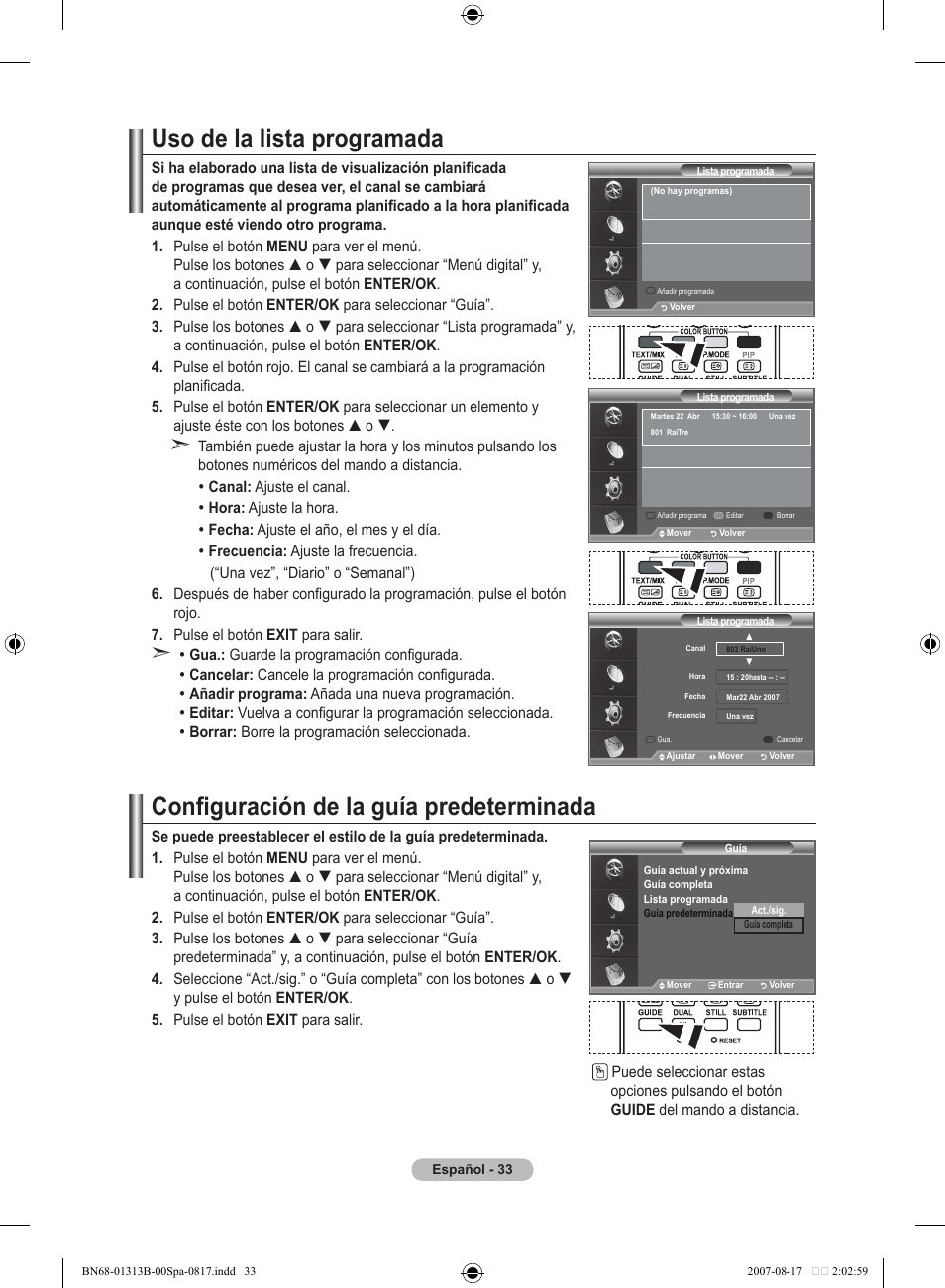Uso de la lista programada, Configuración de la guía predeterminada | Samsung LE52F96BD User Manual | Page 357 / 516