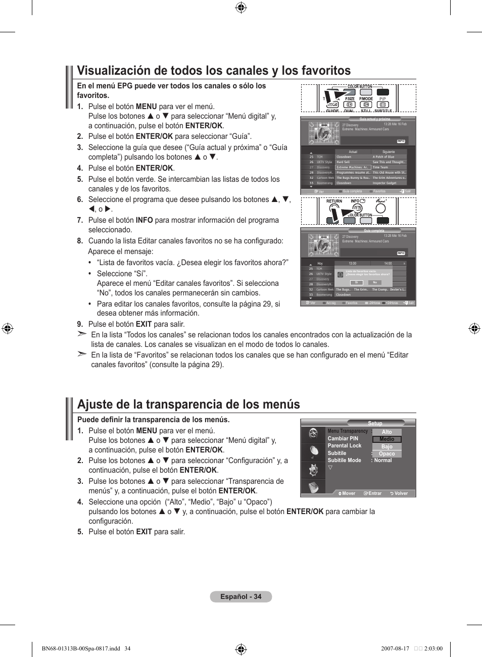 Visualización de todos los canales y los favoritos, Ajuste de la transparencia de los menús | Samsung LE52F96BD User Manual | Page 358 / 516