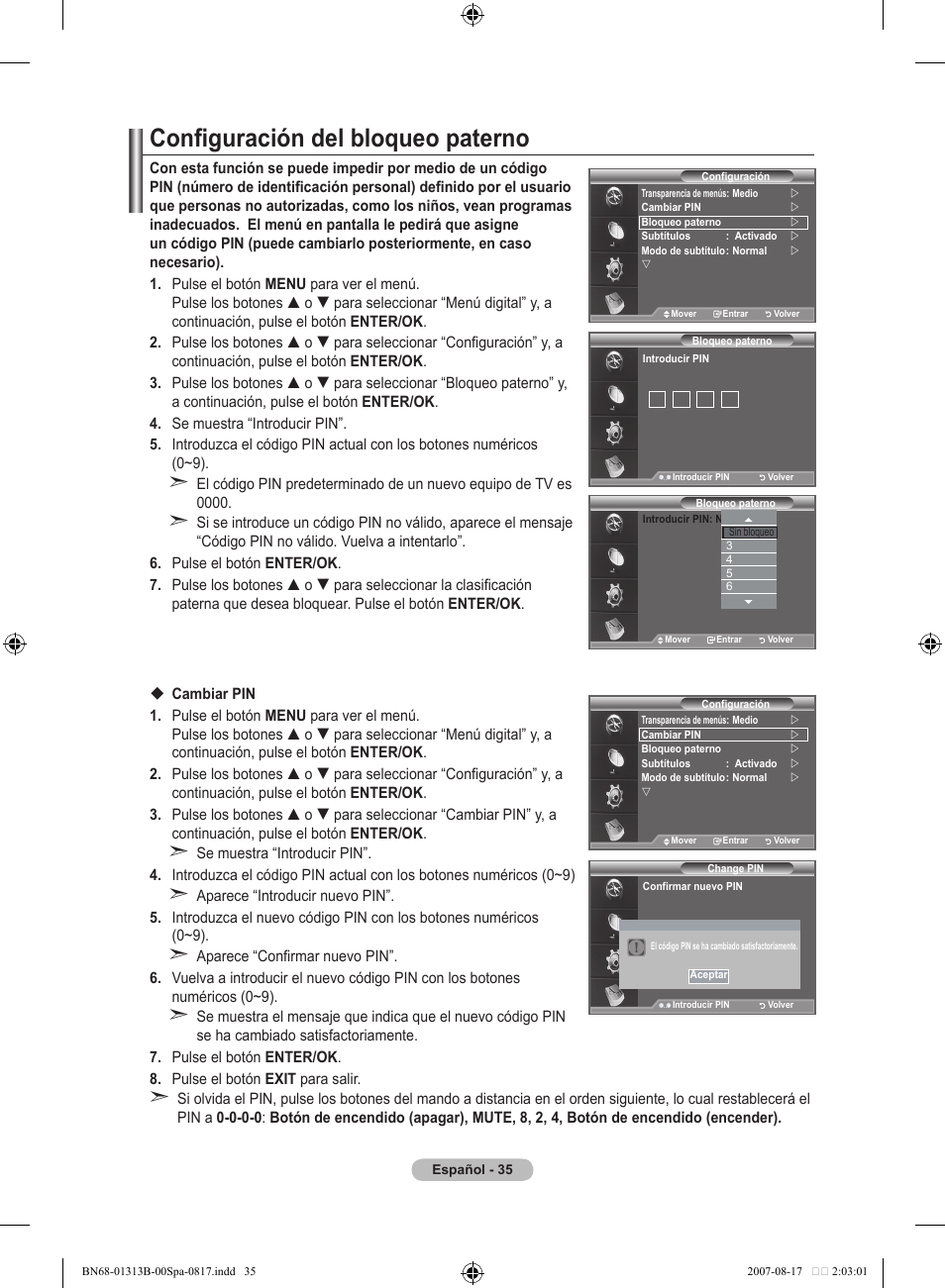 Configuración del bloqueo paterno | Samsung LE52F96BD User Manual | Page 359 / 516