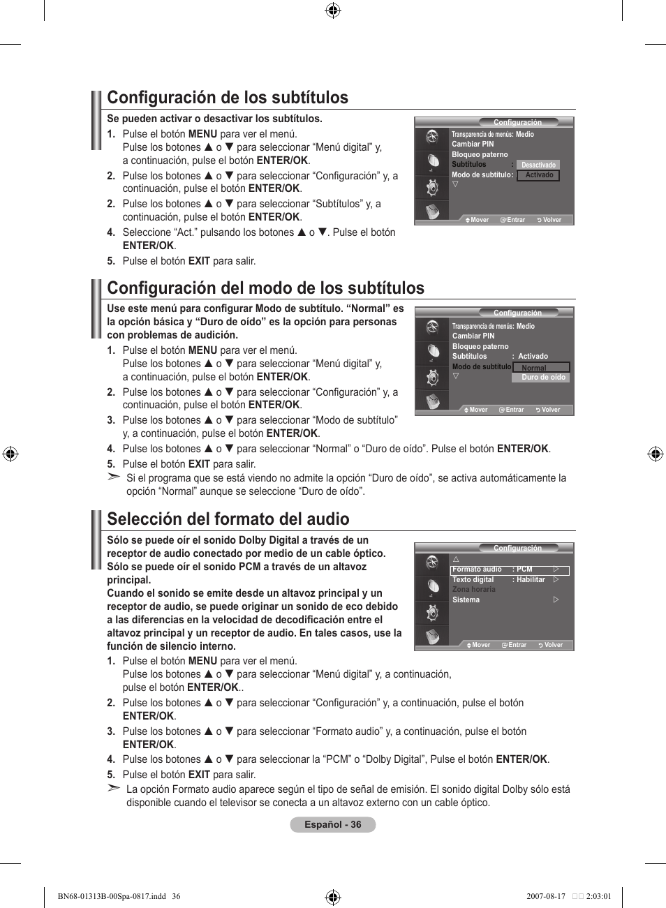 Configuración de los subtítulos, Configuración del modo de los subtítulos, Selección del formato del audio | Samsung LE52F96BD User Manual | Page 360 / 516