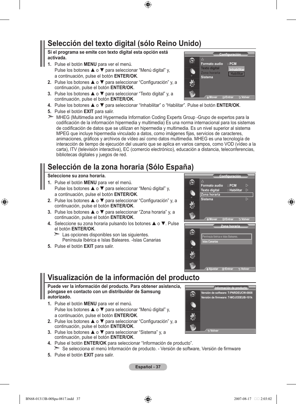 Selección del texto digital (sólo reino unido), Selección de la zona horaria (sólo españa), Visualización de la información del producto | Samsung LE52F96BD User Manual | Page 361 / 516