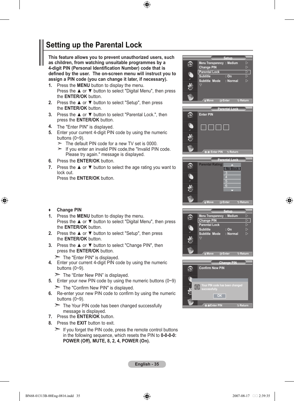 Setting up the parental lock | Samsung LE52F96BD User Manual | Page 37 / 516