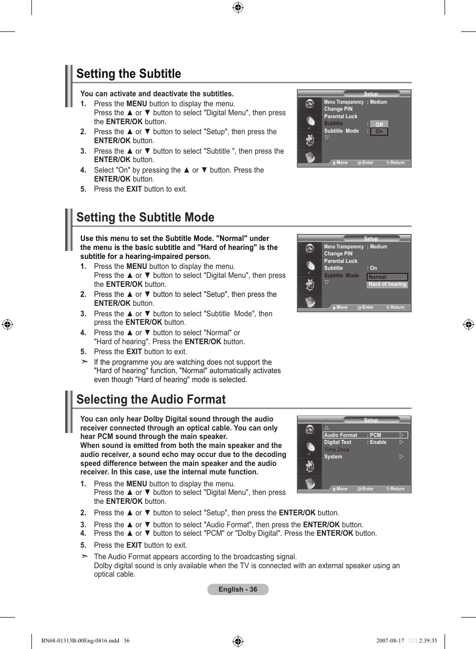 Setting the subtitle, Setting the subtitle mode, Selecting the audio format | Samsung LE52F96BD User Manual | Page 38 / 516