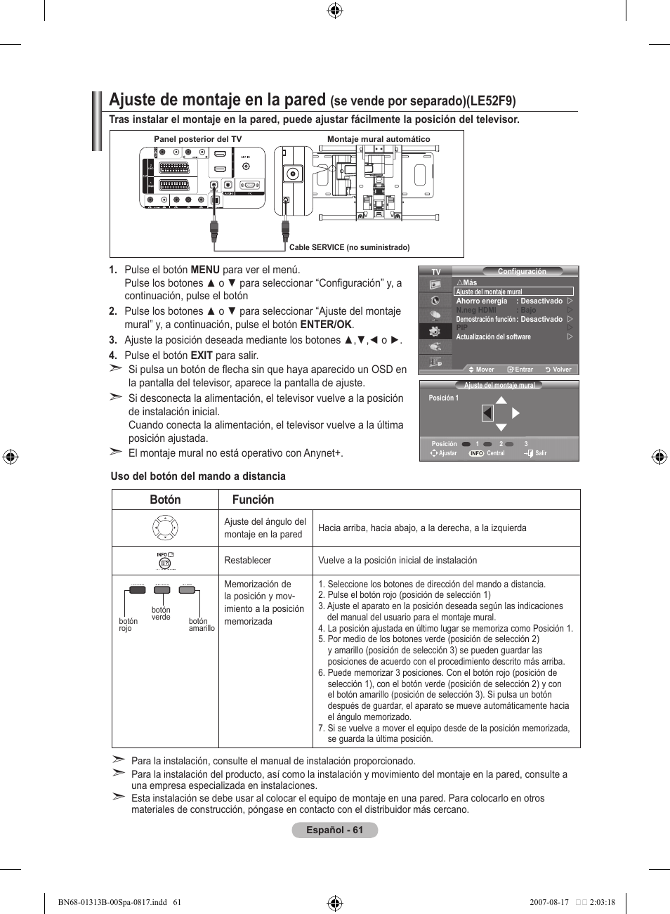 Ajuste de montaje en la pared, Se vende por separado)(le5f9), Botón función | Samsung LE52F96BD User Manual | Page 385 / 516