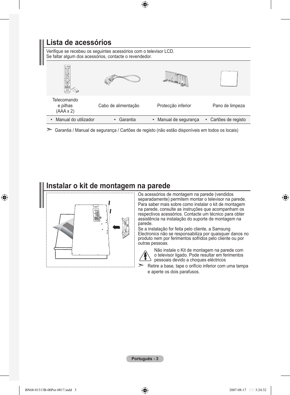 Lista de acessórios, Instalar o kit de montagem na parede | Samsung LE52F96BD User Manual | Page 391 / 516