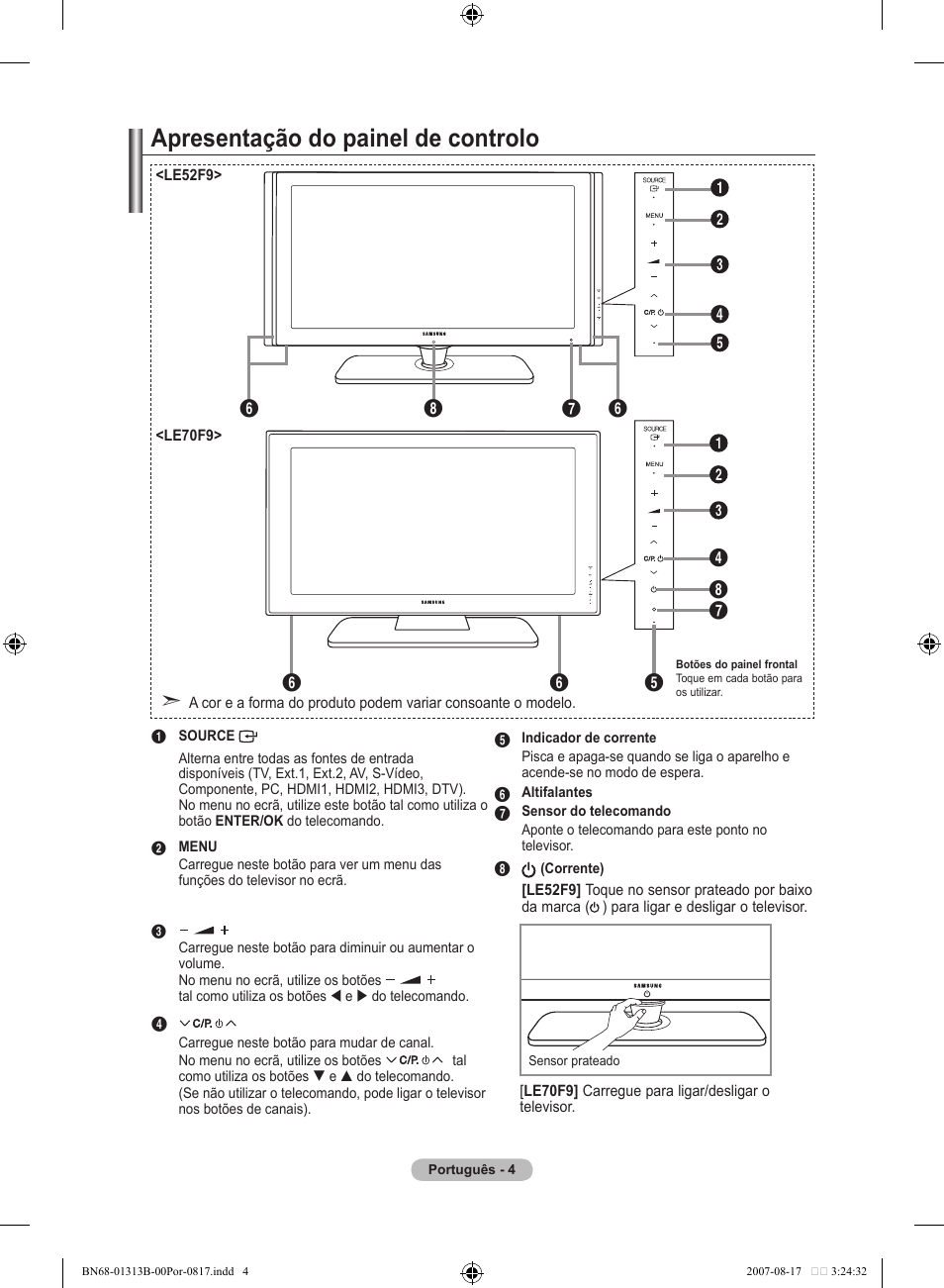 Apresentação do painel de controlo | Samsung LE52F96BD User Manual | Page 392 / 516