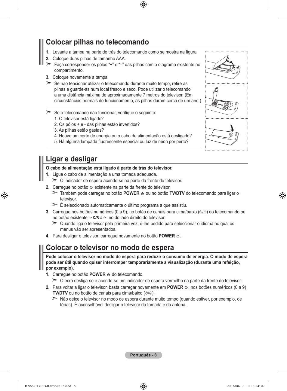 Colocar pilhas no telecomando, Ligar e desligar, Colocar o televisor no modo de espera | Samsung LE52F96BD User Manual | Page 396 / 516