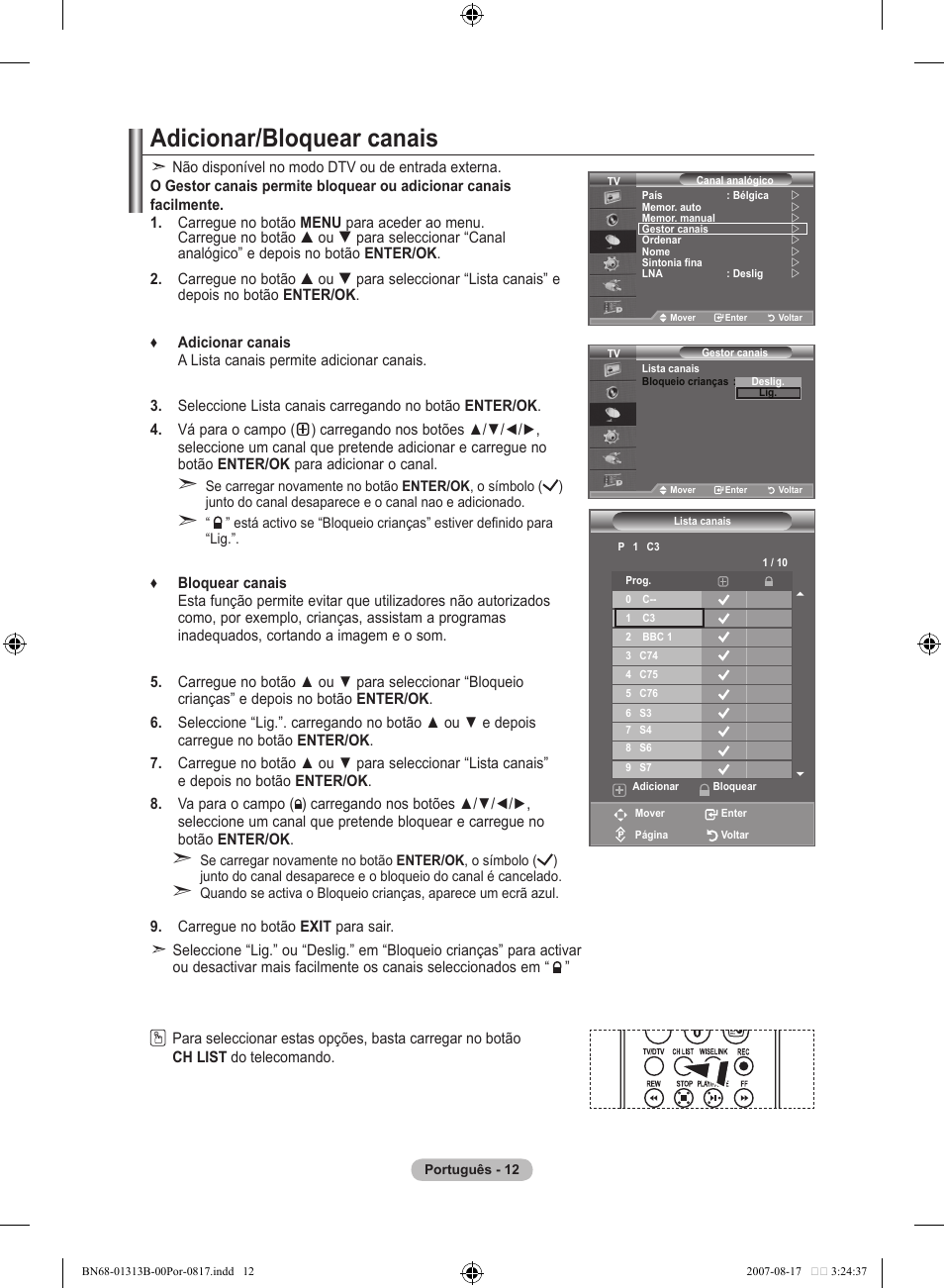Adicionar/bloquear canais | Samsung LE52F96BD User Manual | Page 400 / 516