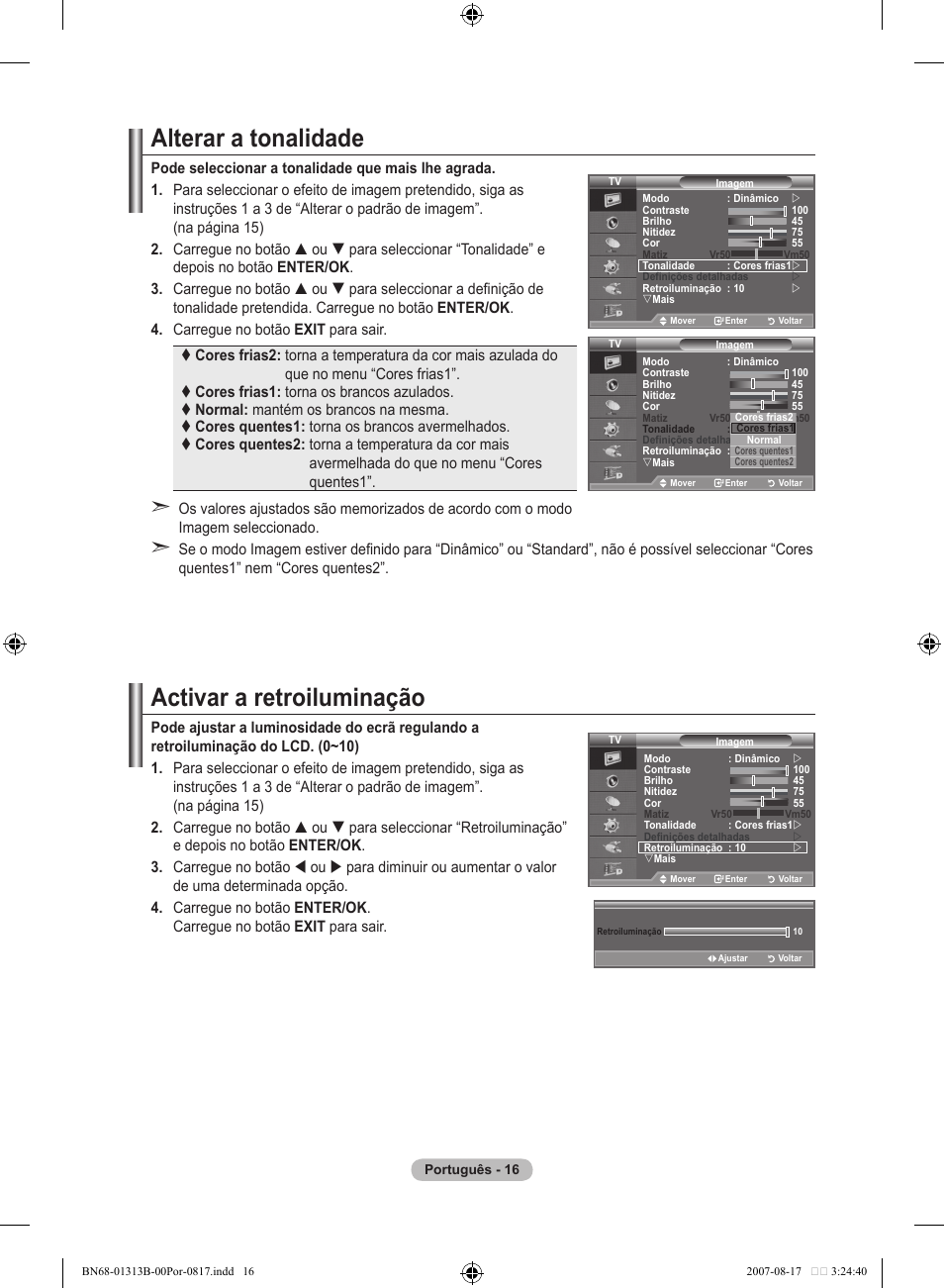 Alterar a tonalidade, Activar a retroiluminação | Samsung LE52F96BD User Manual | Page 404 / 516