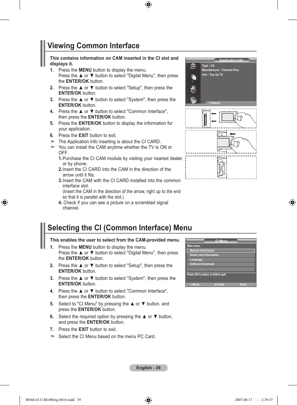 Viewing common interface, Selecting the ci (common interface) menu | Samsung LE52F96BD User Manual | Page 41 / 516