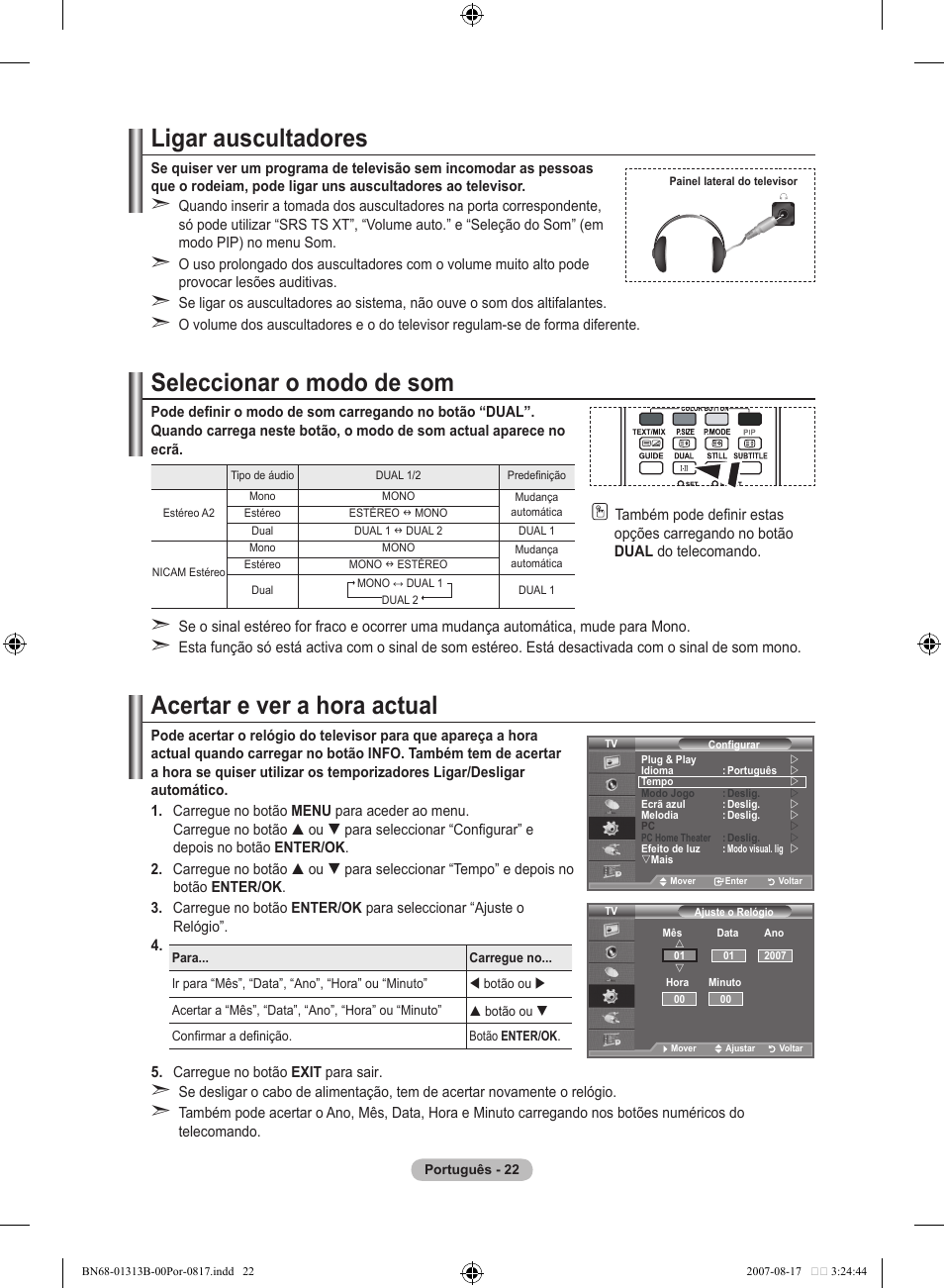 Ligar auscultadores, Seleccionar o modo de som, Acertar e ver a hora actual | Samsung LE52F96BD User Manual | Page 410 / 516