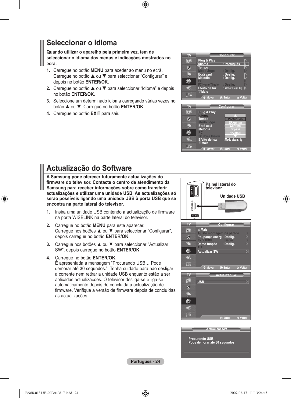 Seleccionar o idioma, Actualização do software | Samsung LE52F96BD User Manual | Page 412 / 516
