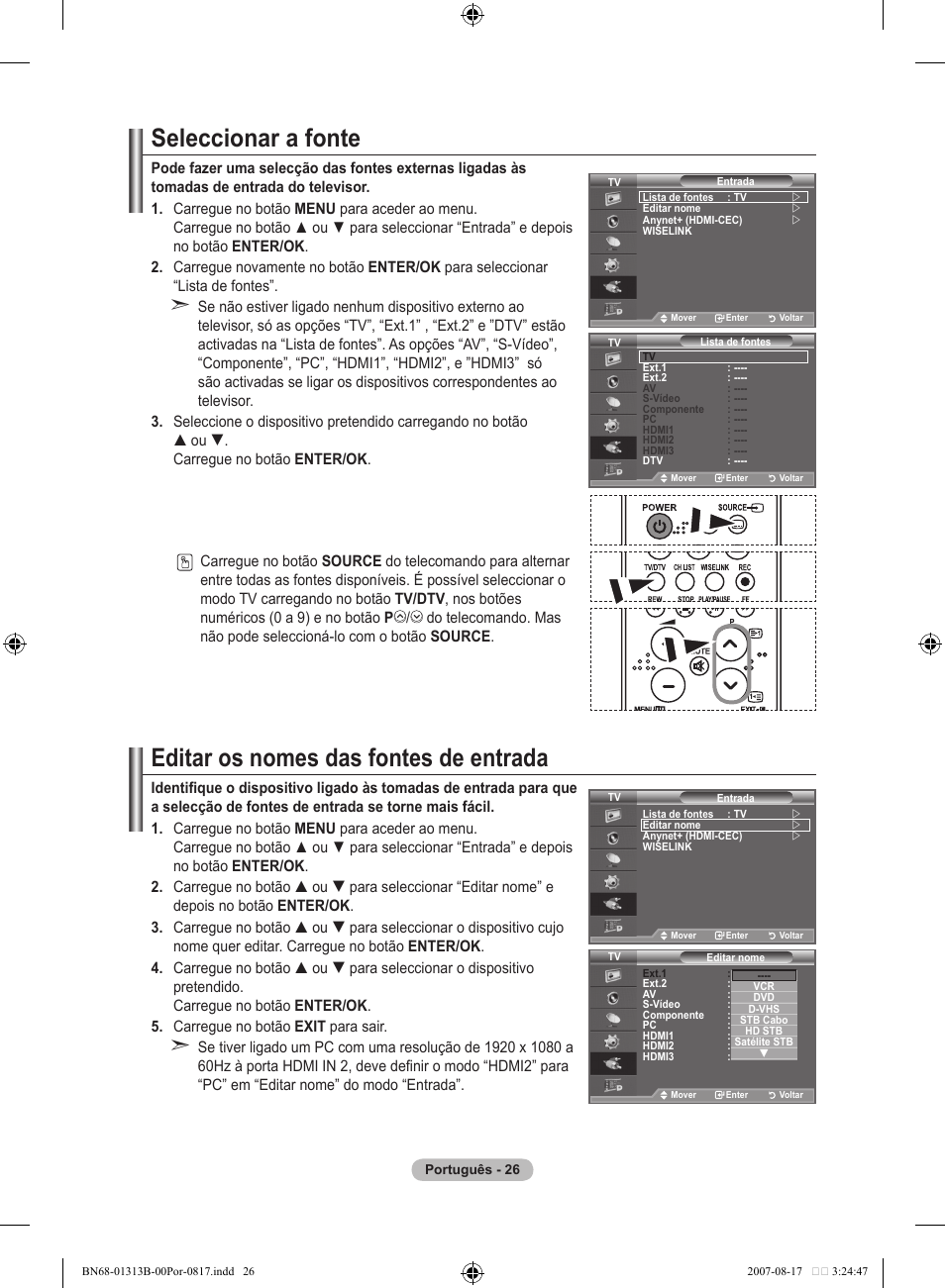 Seleccionar a fonte, Editar os nomes das fontes de entrada | Samsung LE52F96BD User Manual | Page 414 / 516