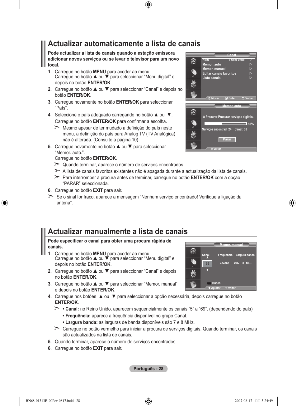 Actualizar automaticamente a lista de canais, Actualizar manualmente a lista de canais | Samsung LE52F96BD User Manual | Page 416 / 516