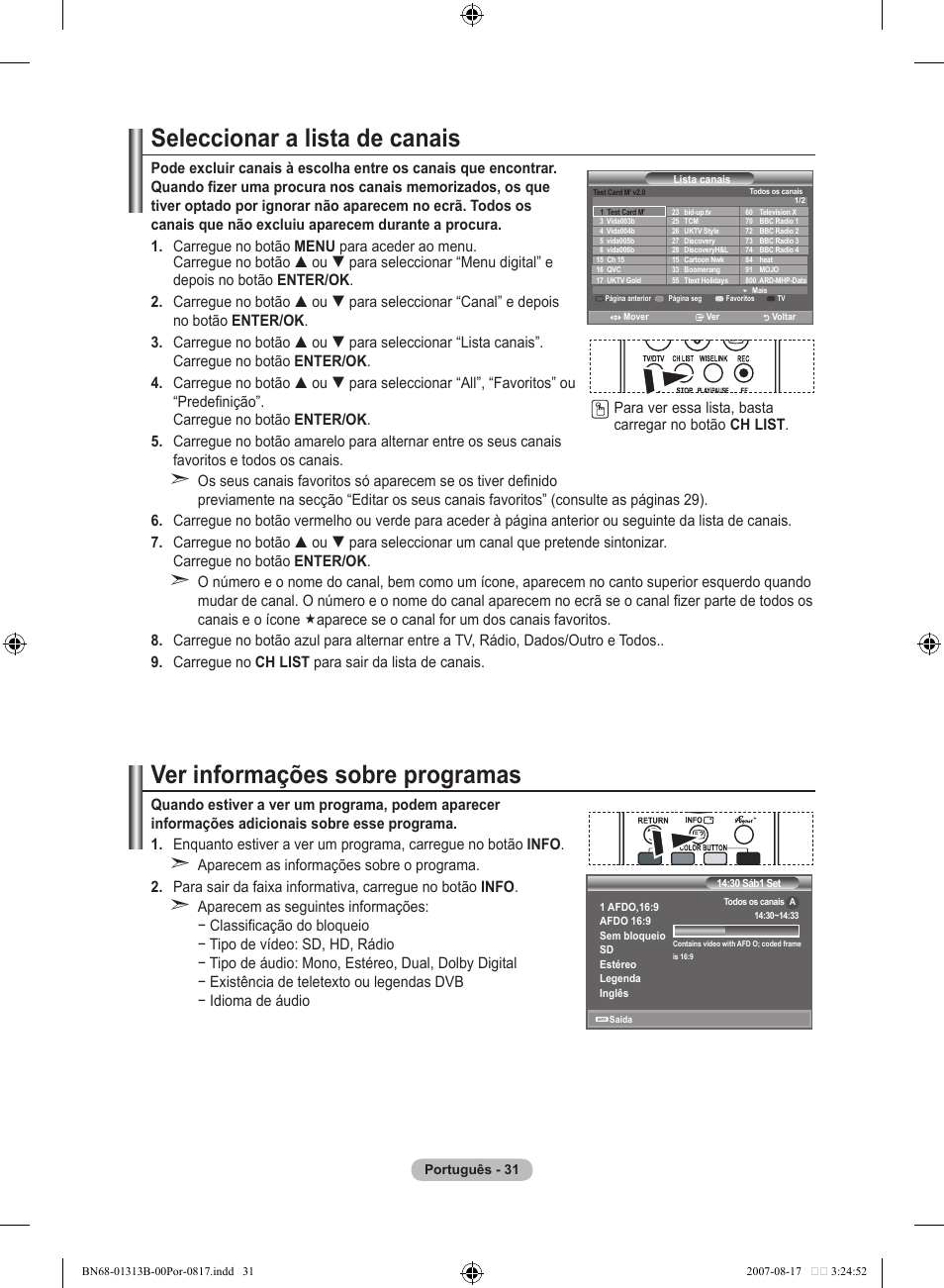 Seleccionar a lista de canais, Ver informações sobre programas | Samsung LE52F96BD User Manual | Page 419 / 516