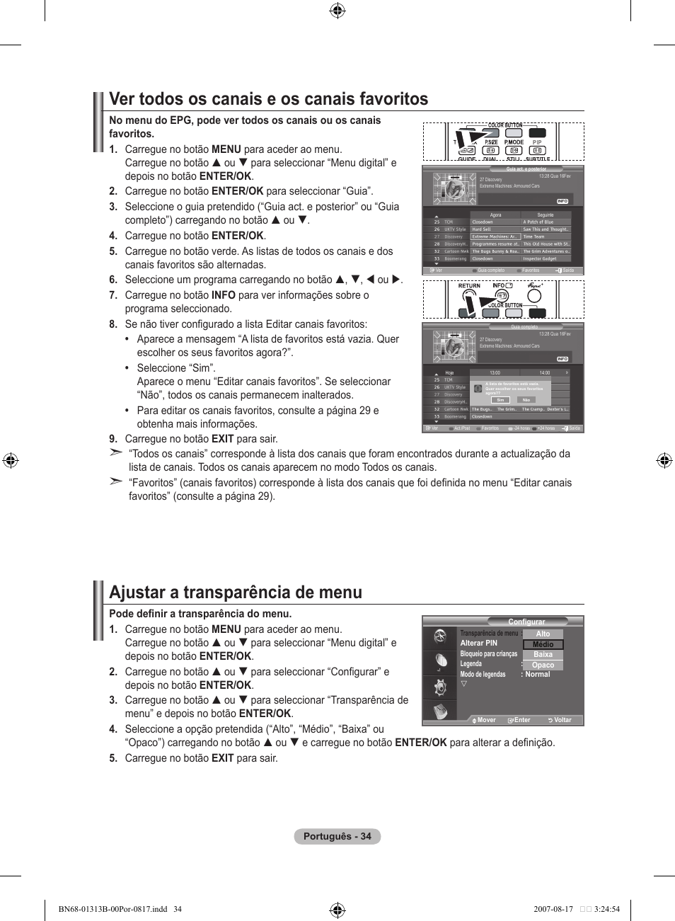 Ver todos os canais e os canais favoritos, Ajustar a transparência de menu | Samsung LE52F96BD User Manual | Page 422 / 516