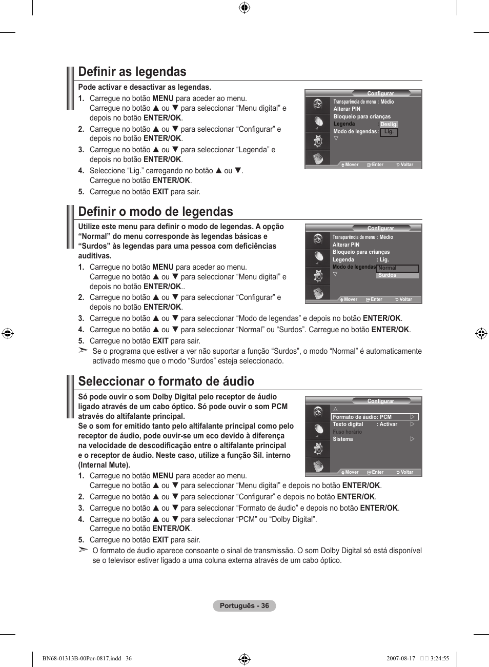 Definir as legendas, Definir o modo de legendas, Seleccionar o formato de áudio | Samsung LE52F96BD User Manual | Page 424 / 516