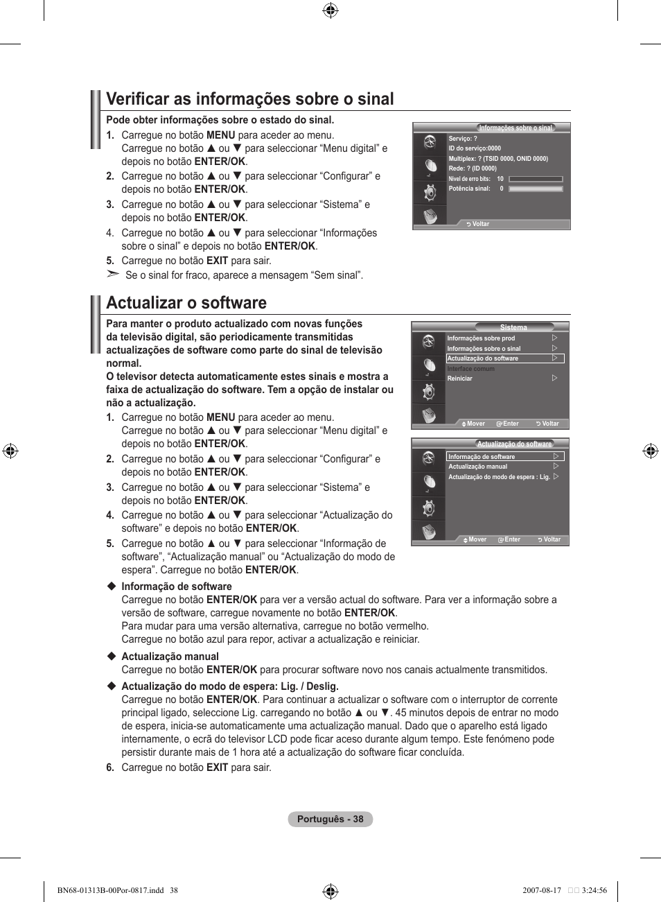 Verificar as informações sobre o sinal, Actualizar o software | Samsung LE52F96BD User Manual | Page 426 / 516