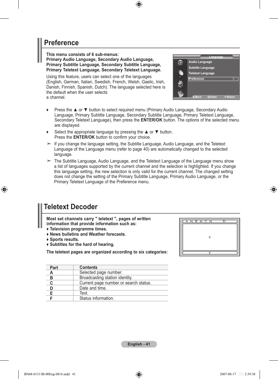 Preference, Using the teletext feature, Teletext decoder | Samsung LE52F96BD User Manual | Page 43 / 516