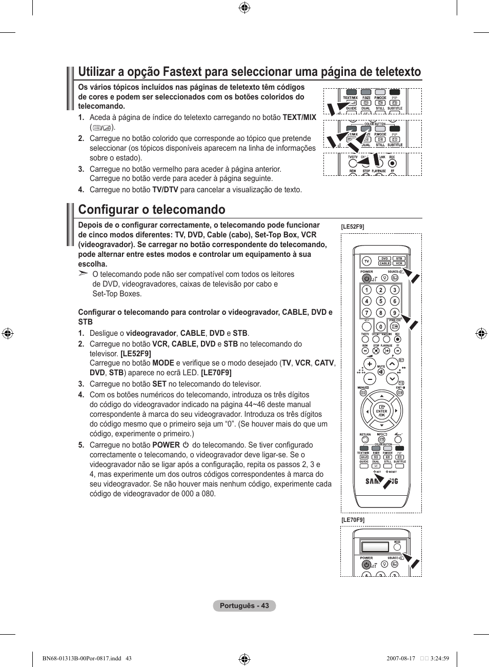 Configurar o telecomando | Samsung LE52F96BD User Manual | Page 431 / 516