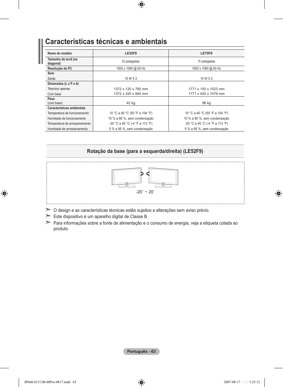 Características técnicas e ambientais, Rotação da base (para a esquerda/direita) (le5f9) | Samsung LE52F96BD User Manual | Page 451 / 516