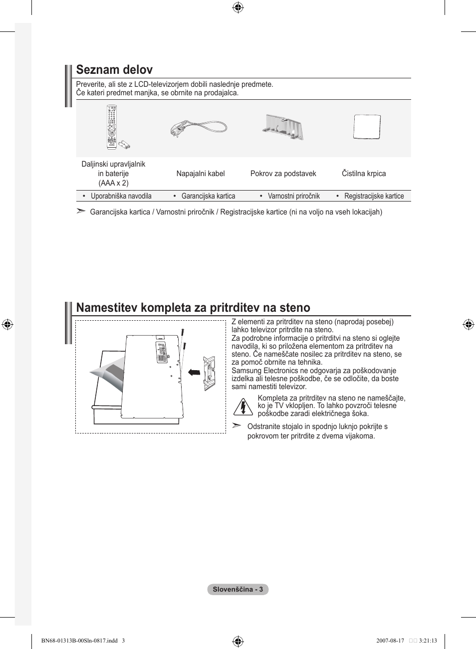 Seznam delov, Namestitev kompleta za pritrditev na steno | Samsung LE52F96BD User Manual | Page 455 / 516