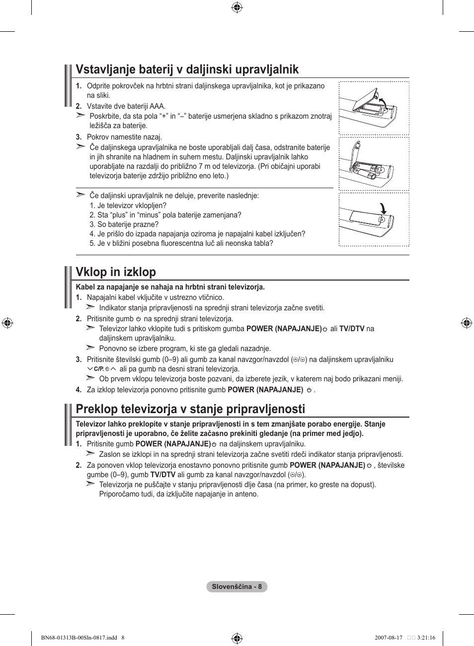 Vstavljanje baterij v daljinski upravljalnik, Vklop in izklop, Preklop televizorja v stanje pripravljenosti | Samsung LE52F96BD User Manual | Page 460 / 516